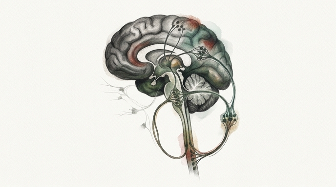 Ilustración médica estilizada que mapea el circuito neural del dolor crónico en el cerebro humano.