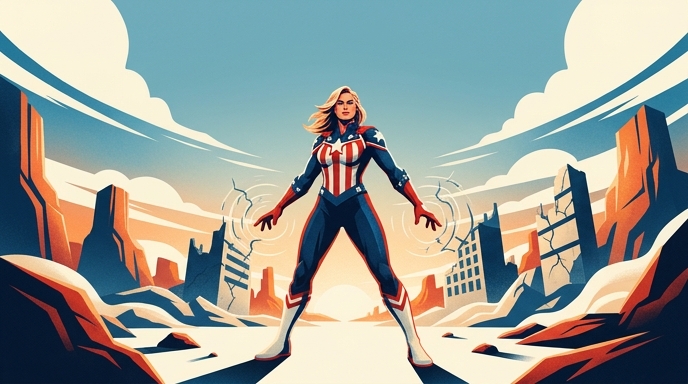 Ilustración de estilo cómic retro que muestra a la heroína Star and Stripe en un paisaje desolado con ruinas.