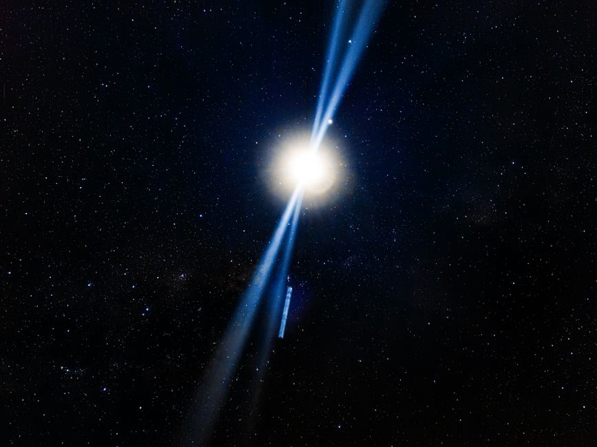 Un radiante estallido de estrella ilumina la vasta galaxia, proyectando rayos azules a través del cielo estrellado.