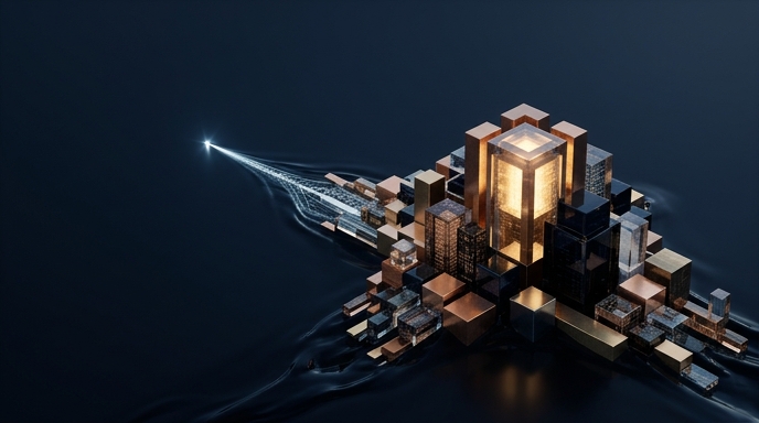 Un primer plano abstracto de una luz de cursor formando valiosas estructuras geométricas sobre un líquido oscuro.