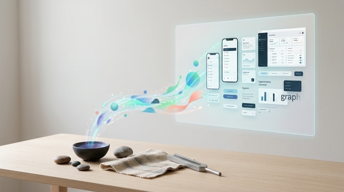 Un diseño conceptual de 'vibe design', mostrando vibraciones sonoras de un diapasón transformándose en interfaces de UI digitales.