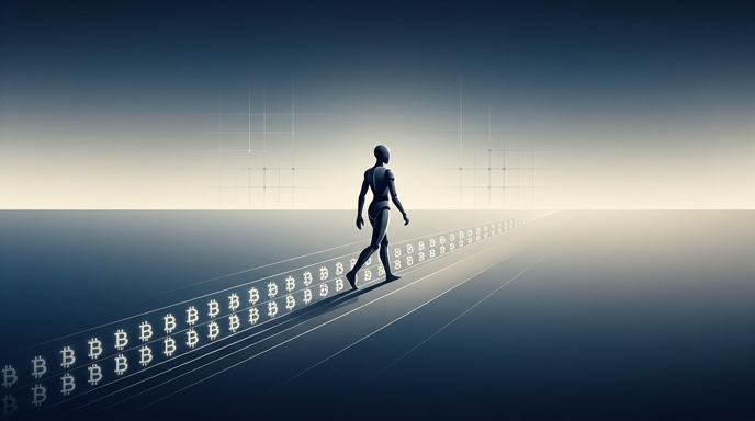 Un robot humanoide camina sobre un sendero de símbolos de moneda digital, representando la automatización de pagos en la nueva economía de agentes de IA.