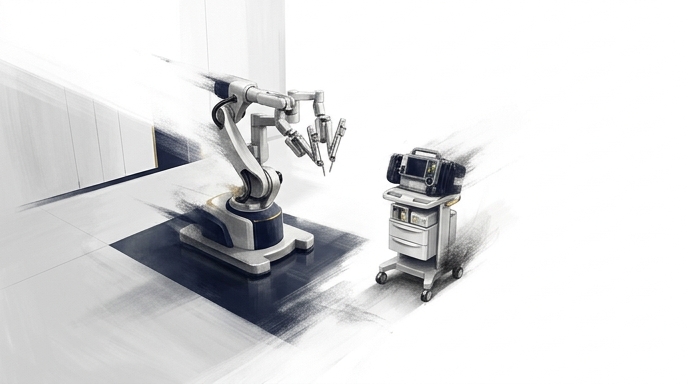 «Ilustración conceptual de equipos médicos de Stryker desintegrándose por un ataque digital, con mucho espacio negativo.»