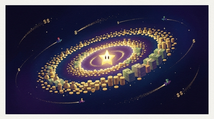 Ilustración de una galaxia formada por monedas y billetes alrededor de una Super Estrella de Mario, simbolizando el éxito en taquilla.