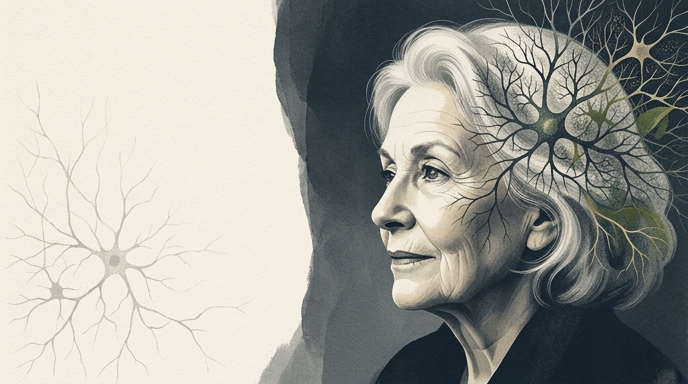 «SuperAgers»: Un perfil de una anciana con un árbol neuronal creciendo vibrantemente en su cerebro, representando la regeneración.