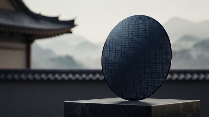 in Spanish (max 125 characters):**
Oblea de silicio pulida exhibida sobre un pedestal negro, con arquitectura tradicional japonesa y montañas al fondo.