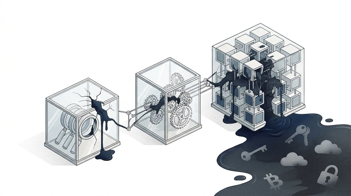 Un gráfico conceptual que muestra tres módulos cúbicos interconectados representando herramientas de desarrollo. Una sustancia oscura se filtra en cascada del primer módulo, que tiene una lupa, hacia el segundo que tiene engranajes, y luego hacia el tercero que es un cubo más grande compuesto por muchos cubos pequeños. La sustancia oscura se derrama formando un charco en el suelo, revelando iconos fantasmales de llaves, nubes, un candado y un símbolo de Bitcoin. El fondo es un espacio blanco minimalista con abundante espacio negativo. El estilo es un gráfico conceptual de alta gama.