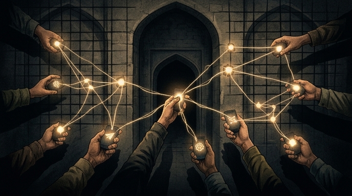 Ilustración editorial de manos sosteniendo dispositivos que forman una red de malla luminosa frente a una arquitectura de piedra.