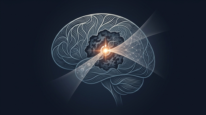 Ilustración editorial de un cerebro estilizado con una luz brillante central que representa la terapia génica dirigida eliminando un tumor.