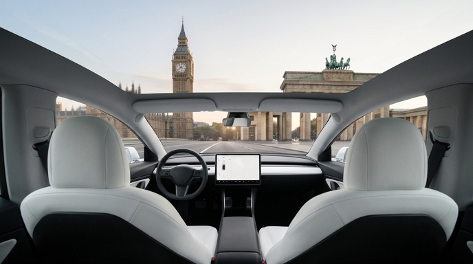 Vista interior de un Tesla vacío conduciendo hacia el Big Ben y la Puerta de Brandeburgo.
