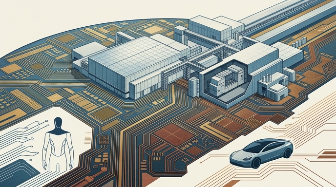 Ilustración de una inmensa fábrica de semiconductores integrada en un chip de silicio gigante con siluetas de robots y vehículos de Tesla.