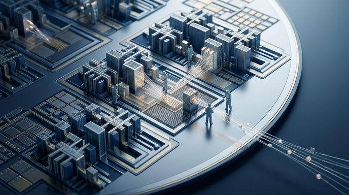 Pequeñas figuras en trajes de sala limpia sobre una oblea de silicio de estilo arquitectónico, ilustrando la extracción de talento de semiconductores.