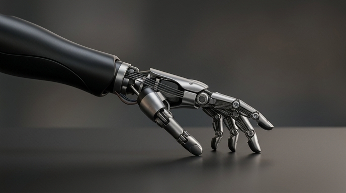 Detalle de una mano robótica sofisticada con articulaciones de metal y negro, que ilustra los avances en destreza.
