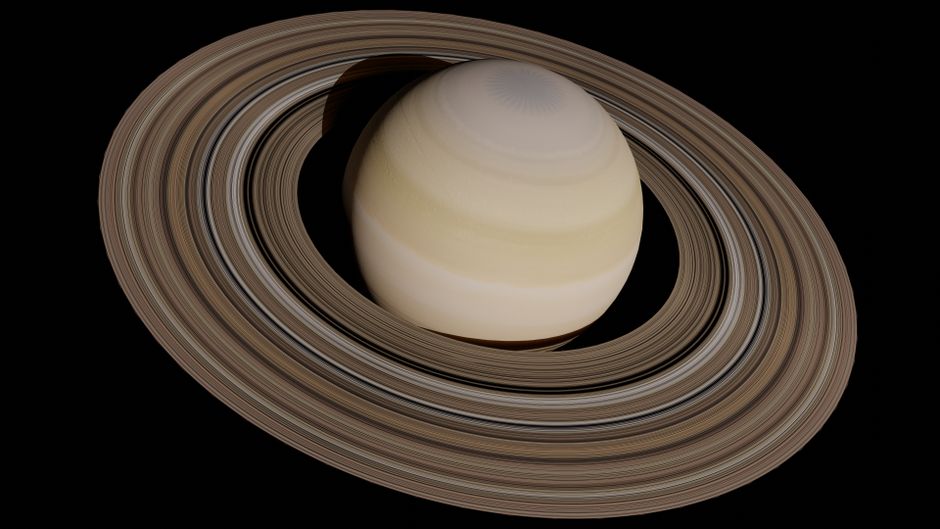 Un impresionante render 3D de los anillos de Saturno contra un fondo negro del espacio, mostrando su elegancia cósmica.