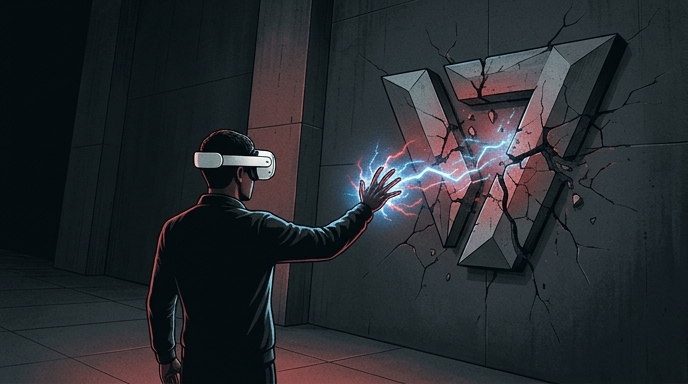 Un hombre con visor de realidad virtual usa poderes telequinéticos para destruir un logo en forma de V en una pared de concreto.