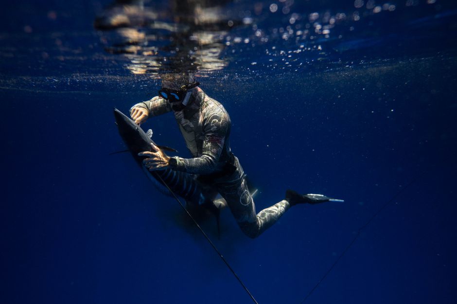Pescador submarino con su captura bajo el agua cerca de Hawái, mostrando la aventura y el deporte marinos.