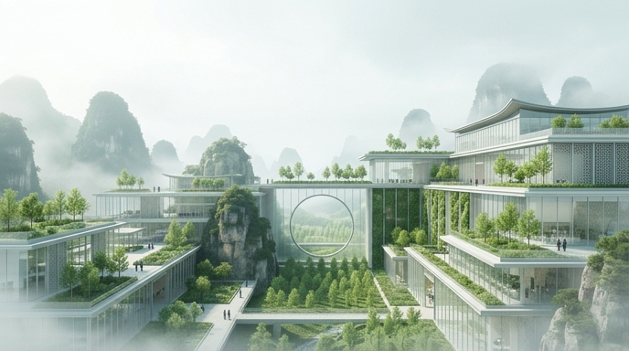 Un complejo arquitectónico moderno con jardines en terrazas, situado entre montañas kársticas cubiertas de niebla en China.