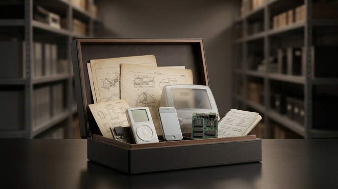 Caja de presentación abierta con prototipos de dispositivos vintage y documentos en un archivo borroso.