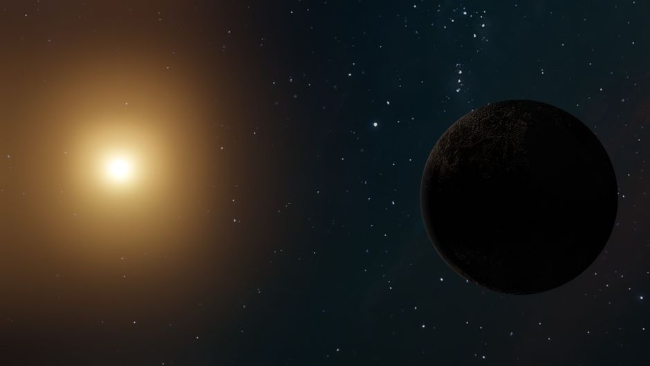 Una escena celestial con una estrella brillante y un planeta distante contra un fondo estrellado.
