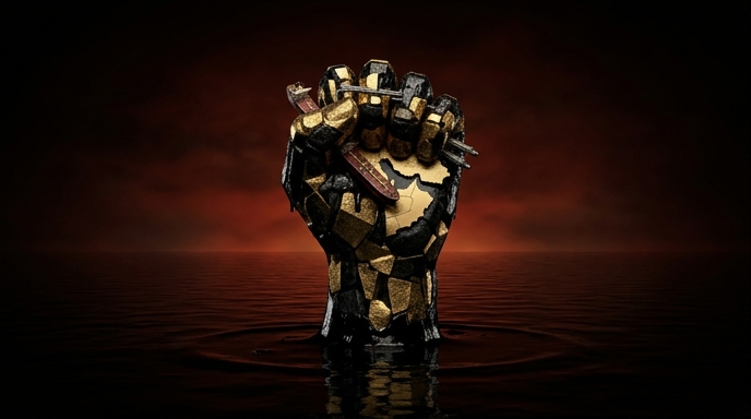 Un puño de oro y petróleo emerge del agua, representando el control del mercado y los beneficios históricos.