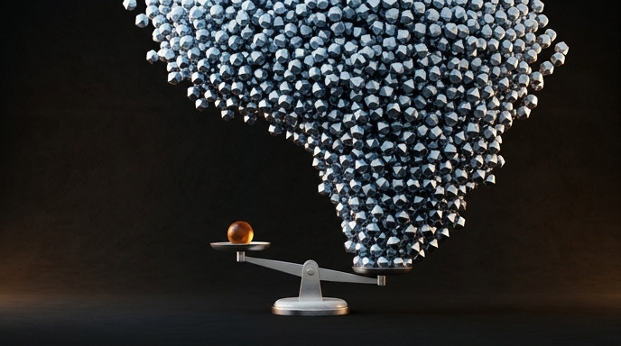 **Alt Text (Español):** Escala que muestra una esfera dorada pequeña superada en peso por una avalancha masiva de formas geométricas plateadas.