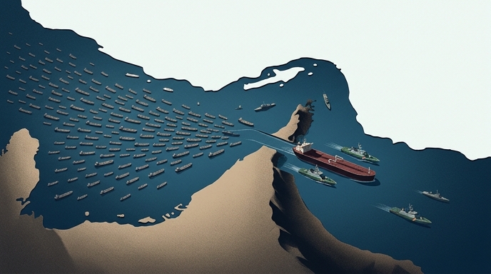 Ilustración editorial que muestra un embotellamiento de buques de carga y petroleros en el Estrecho de Ormuz, con una patrulla naval supervisando el flujo.