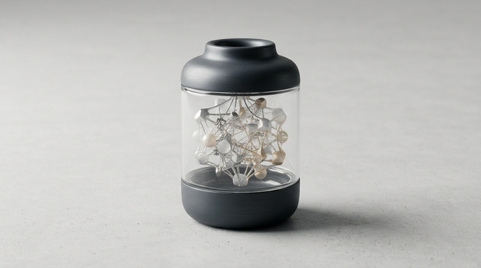 Primer plano de un sofisticado vial médico con una intrincada estructura molecular interior, representando vacunas personalizadas.