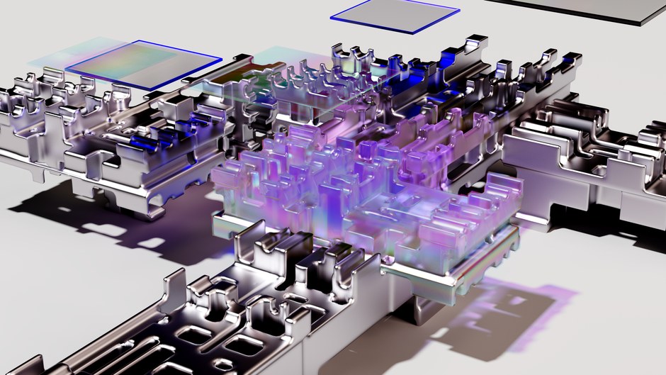 Una renderización 3D futurista que muestra un diseño tecnológico abstracto con colores vibrantes.