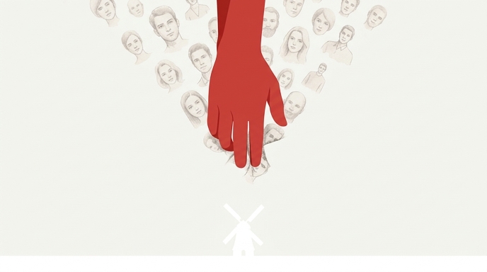 Ilustración de una mano roja que interviene en un flujo de retratos de IA, representando la prohibición judicial holandesa.