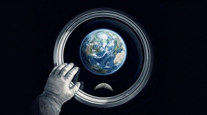 Vista desde una escotilla espacial que muestra a la Tierra con auroras y a la Luna al fondo, mientras una mano con guante la observa.