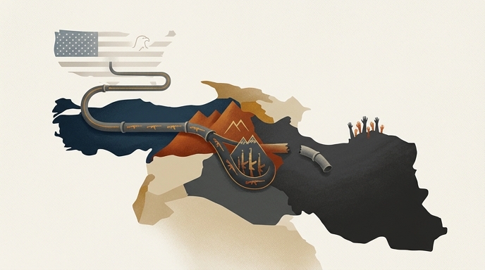 Ilustración editorial: un mapa conceptual muestra el flujo de armas de EE. UU. interrumpiéndose en territorio kurdo, sin llegar a Irán.