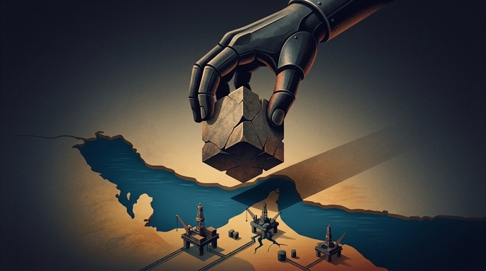Ilustración de una mano mecánica amenazando con bloquear el Estrecho de Ormuz y las plataformas petrolíferas con una roca.