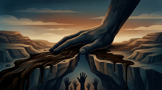 Ilustración editorial de una mano gigante bloqueando el flujo de petróleo sobre un desfiladero, con manos pequeñas debajo.