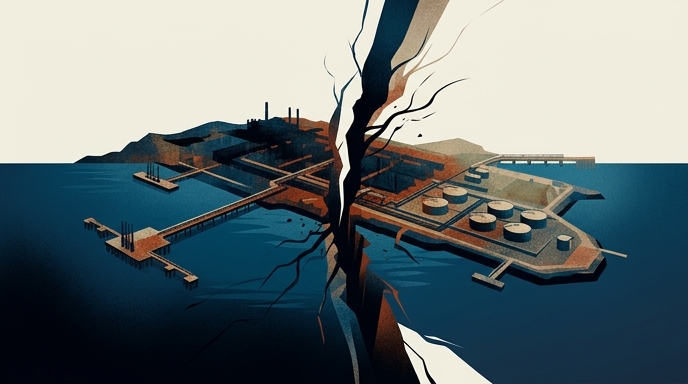 Ilustración de la Isla Kharg de Irán, un centro de exportación de petróleo, dividida y amenazada.