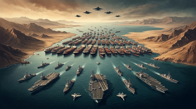 Flota militar y aviones en el Estrecho de Hormuz, frente a un bloqueo de cargueros marítimos bajo un cielo dramático.