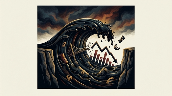 ** Una ola de petróleo crudo negro choca contra un mercado financiero en crisis, simbolizando la volatilidad de los mercados globales.