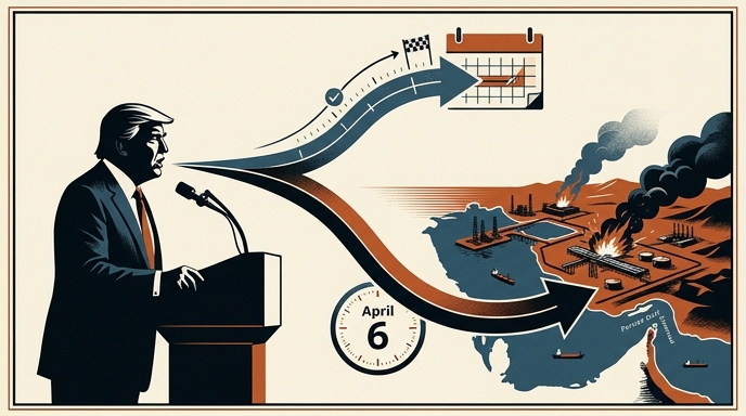 Ilustración de Trump hablando en un podio con flechas divergentes: una hacia un final, otra hacia un ataque a refinerías.