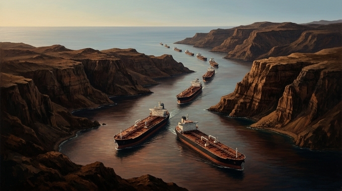 Una procesión de petroleros navegando por un estrecho canal marítimo entre acantilados áridos.