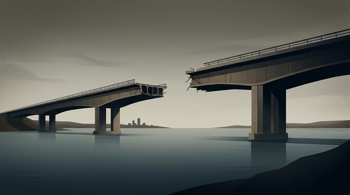 Ilustración de un puente dividido sobre aguas tranquilas, bajo un cielo sombrío.