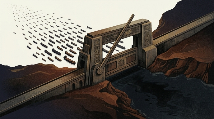 Ilustración editorial de un estrecho marítimo bloqueado por una gran puerta mecánica de estilo iraní, con barcos esperando.