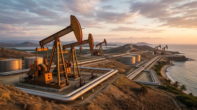 Instalación petrolera en la costa venezolana al atardecer, representando la colaboración energética.