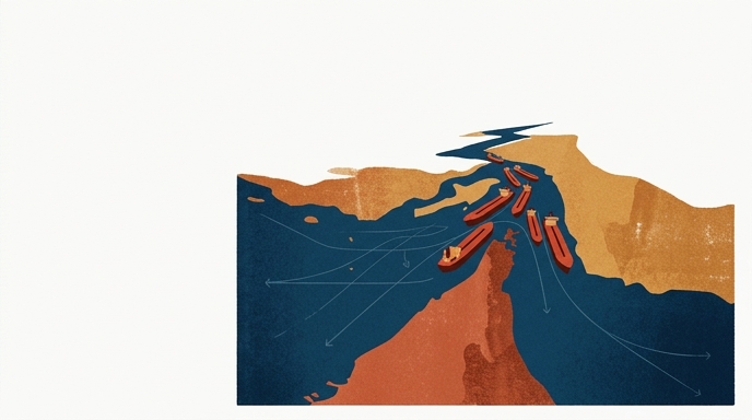 Ilustración de estilo editorial con textura que representa el Estrecho de Hormuz y barcos petroleros.
