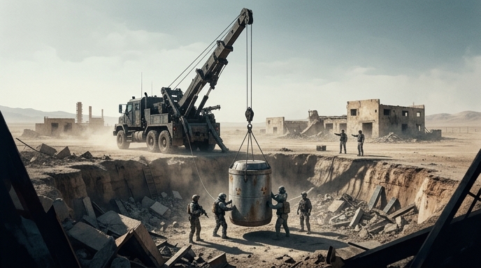 Soldados con trajes de protección manejan un contenedor radiactivo junto a una grúa en ruinas desérticas.