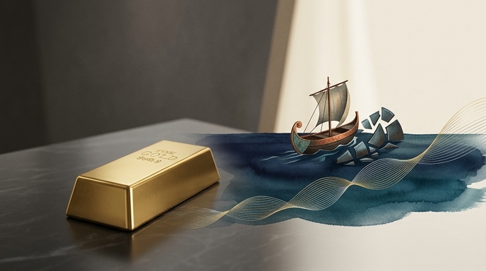 Un lingote de oro y un barco de vela conceptual sobre un mar de tinta, ilustrando el mercado y el Estrecho de Ormuz.