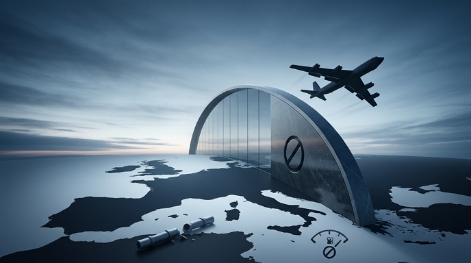 Una barrera arquitectónica oscura bloquea el paso de un bombardero estadounidense sobre Europa en un cielo dramático.