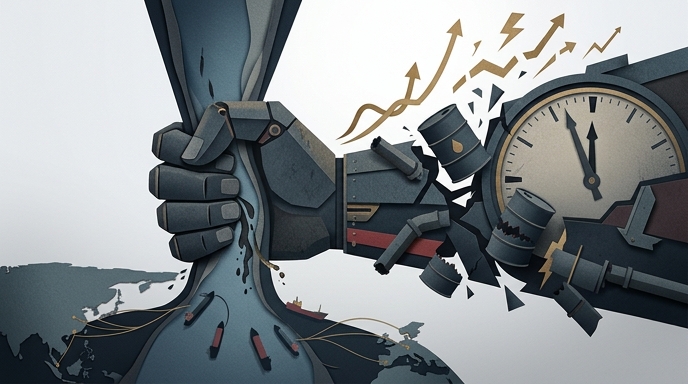 Ilustración de una mano mecánica apretando una vía marítima, con barriles rompiéndose y un reloj marcando la hora.