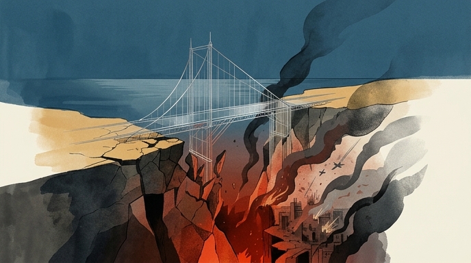 Ilustración editorial que muestra un puente de boceto frágil sobre un abismo de guerra y llamas.