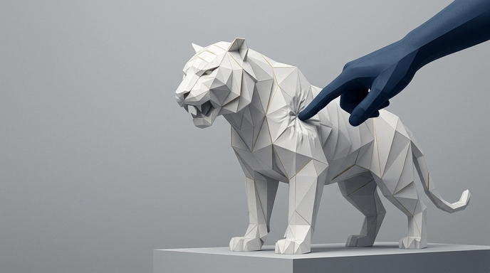 Un dedo presiona un tigre de papel geométrico, mostrando su fragilidad.