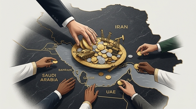 Ilustración de un mapa del Medio Oriente con manos de líderes y monedas, representando el costo compartido de la guerra.