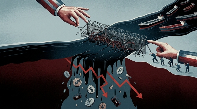 Ilustración conceptual de un estrecho bloqueado con alambre de espino, del que sale un chorro de petróleo negro y divisas.